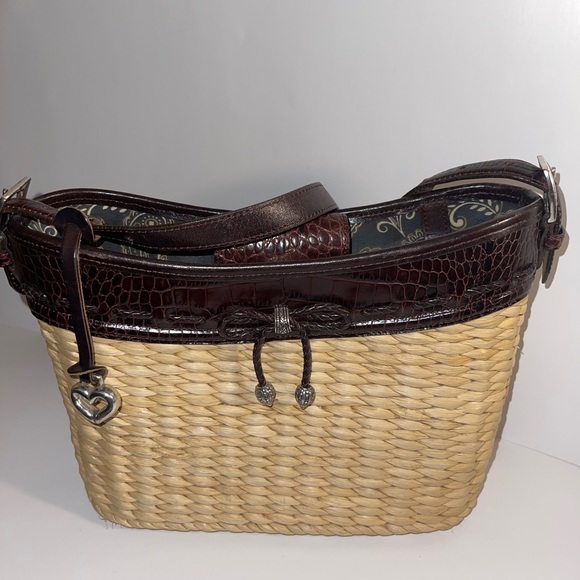 Vintage Brighton Brown Rafia Straw Shoulder Bag Heart Hang Tag w/Side Pocket. - Picture 1 of 3